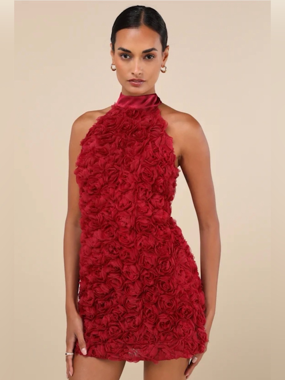 NWOT Lulu’s Extraordinary Being Wine Red 3D Rosette Mock Neck Mini Dress